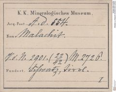 Etiketten zu Malachit (NHMW-MIN-Ad554)